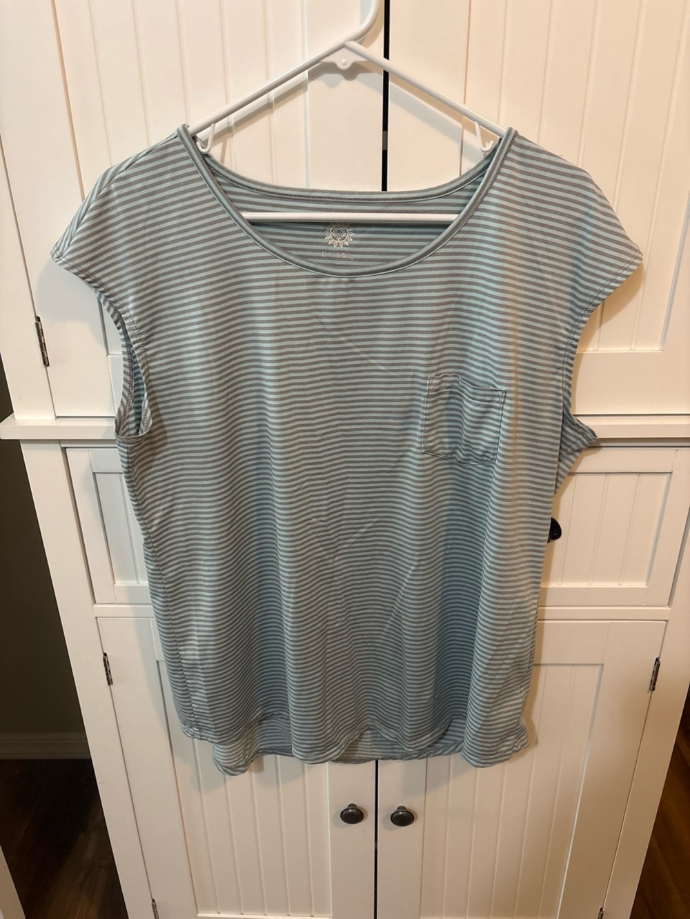 Brisas Lrg  Mint Gray Striped Pocket Tee Casual Basic Top Nautical Soft Girl